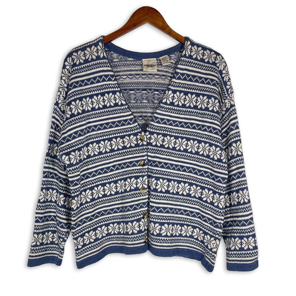 Vintage Innovation Sport Blue White Fair Isle Knit Cardigan Sweater Large